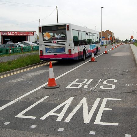 New bus-only lane under construction on Highwood Road, Patchway.