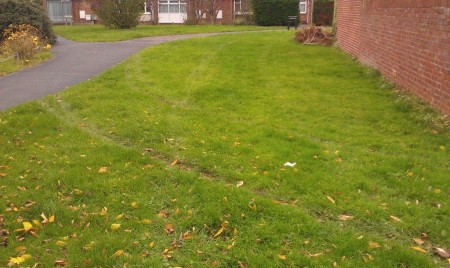 Tyre tracks in grass verge at the end of Bay Tree Close, Patchway, Bristol.