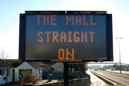 "The Mall straight on" sign on Gloucester Road, Patchway.