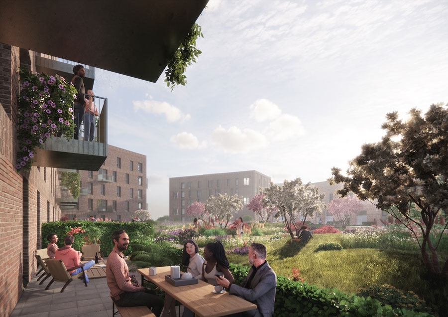 CGI visualisation of housing and open space in a new housing development.