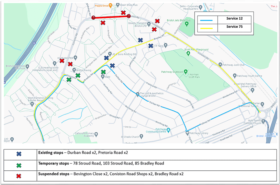Map showing bus route diversions.